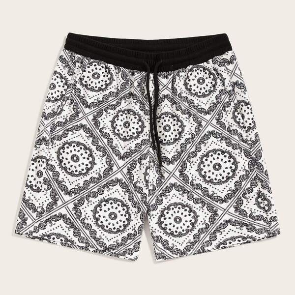 

Men Drawstring Waist Aztec Print Shorts