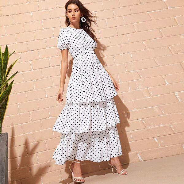 

Puff Sleeve Layered Ruffle Hem Polka Dot Dress, Black and white