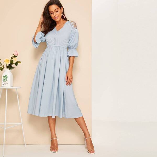 

Lace Shoulder Elastic Waist Solid Dress, Blue