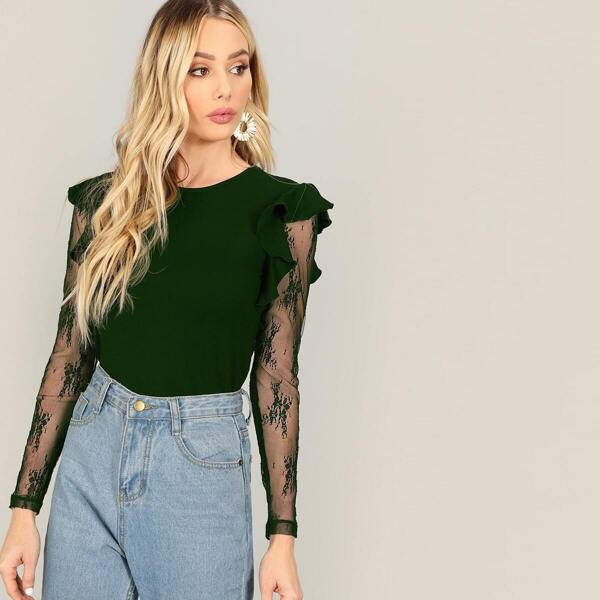

Embroidery Mesh Sleeve Ruffle Trim Top, Green