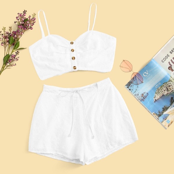 

Knot Back Striped Crop Cami Top & Belted Shorts Set, White
