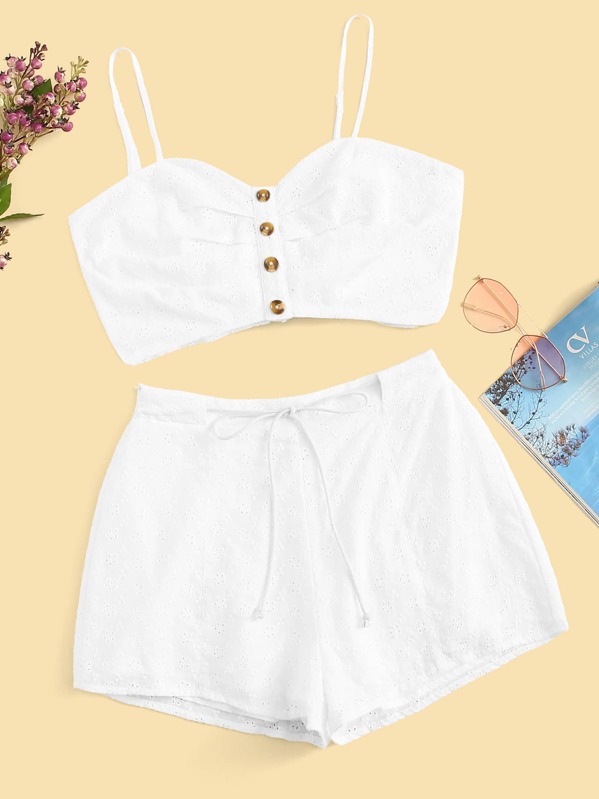 

Knot Back Striped Crop Cami Top & Belted Shorts Set, White