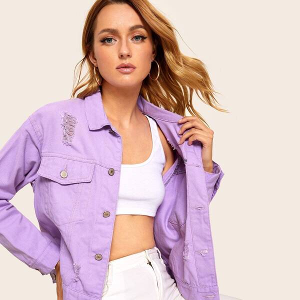 

Ripped Detail Button Up Denim Jacket