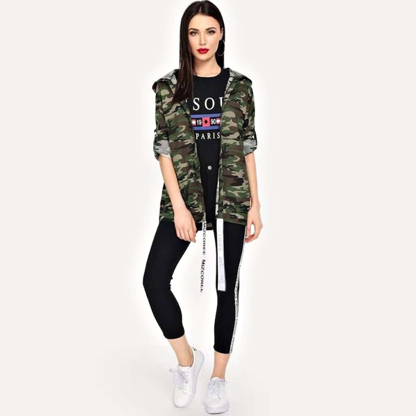 

Letter Print Roll Up Sleeve Camouflage Hooded Jacket, Multicolor