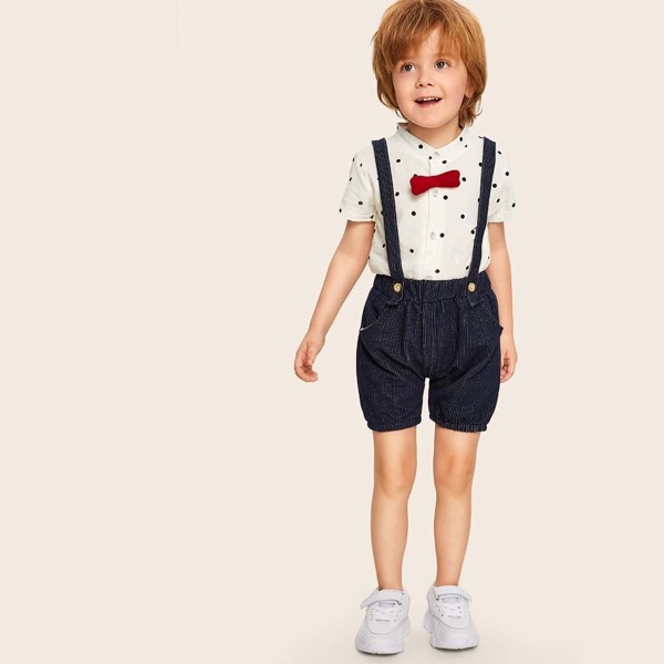 

Toddler Boys Polka Dot Bow Shirt With Corduroy Straps Shorts, Multicolor