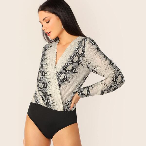Surplice V-Neck Snake Print Long Sleeve Bodysuit