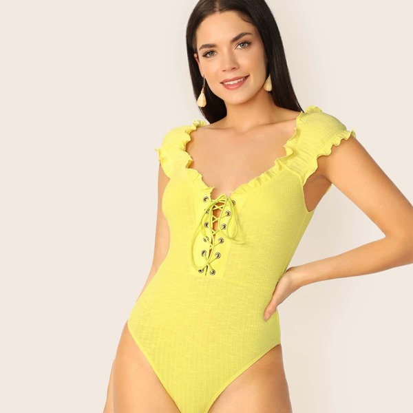 

Lace-up Neck Frill Edge Slim Fitted Bodysuit, Yellow bright