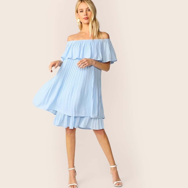 

Flounce Foldover Front Layered Pleated Dress, Blue pastel