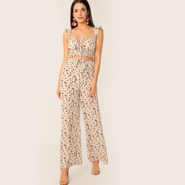 

Embroidered Eyelet Trim Ruched Shirred Top and Pants Set