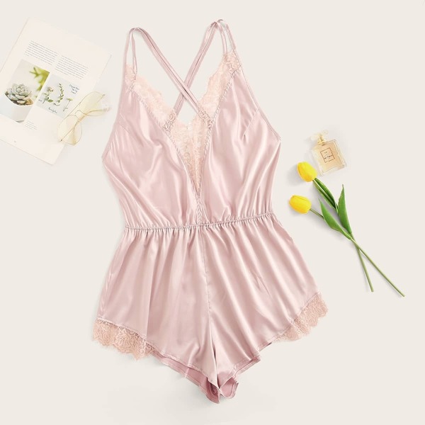 

Plus Contrast Lace Criss Cross Satin Romper Bodysuit