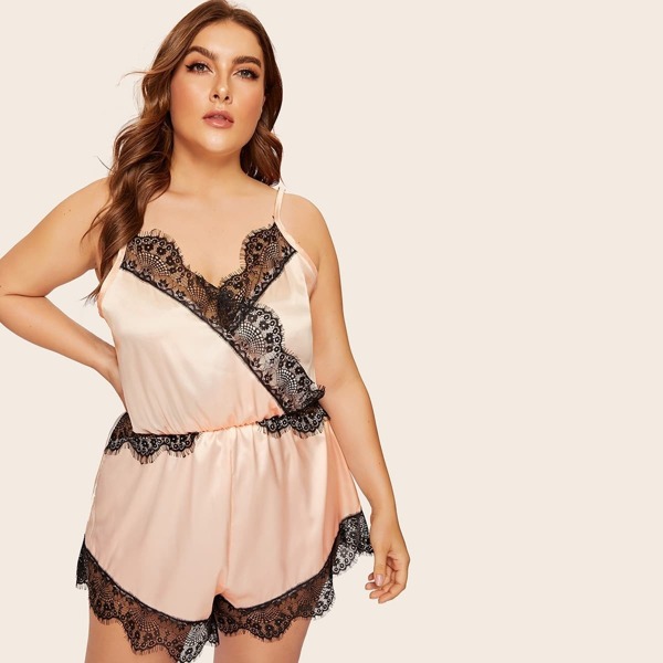 

Plus Lace Trim Satin Romper Bodysuit