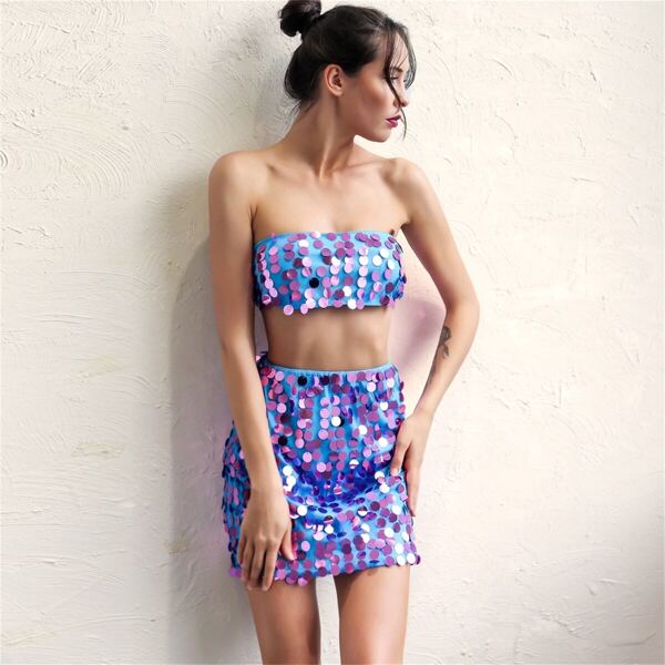 

Joyfunear Contrast Sequin Criss Cross Bandeau & Skirt Set