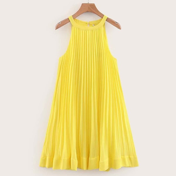 

Solid Pleated Chiffon Halter Dress, Yellow
