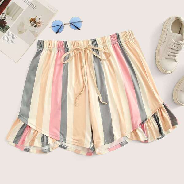 

Plus Ruffle Hem Colorful Striped Shorts, Multicolor