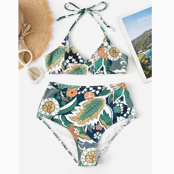 

Plus Plant Print Halter Top With High Waist Bikini, Multicolor