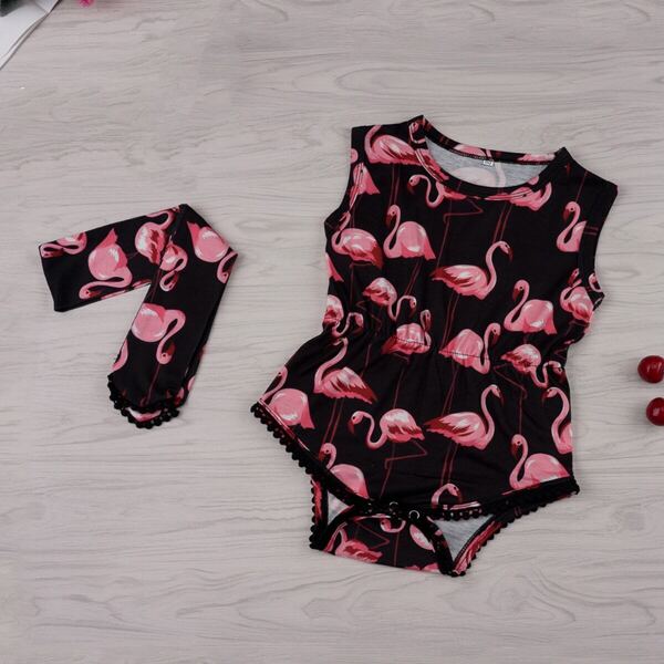 

Baby Contrast Lace Flamingo Print Tank Romper With Headband