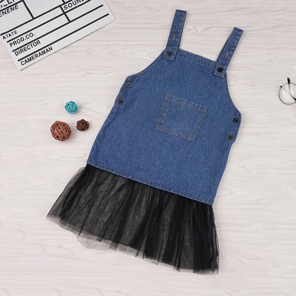 

Toddler Girls Contrast Mesh Denim Pinafore Dress
