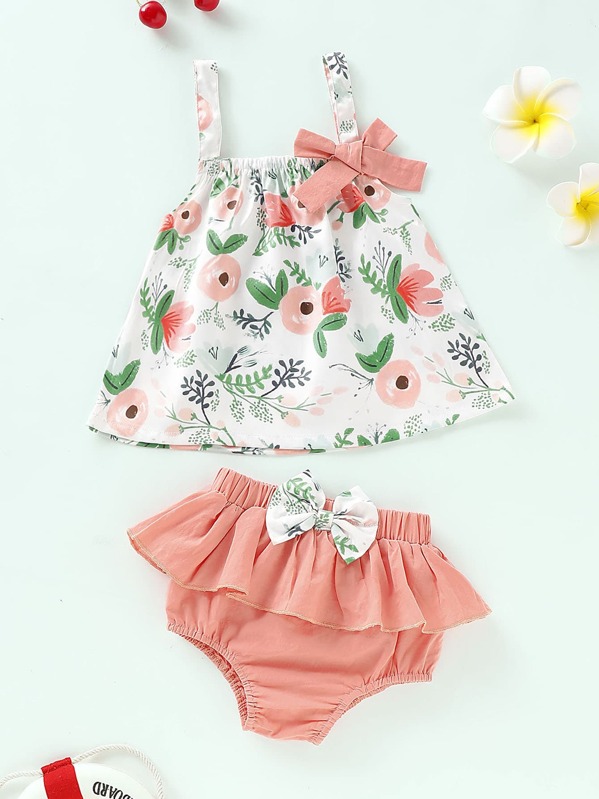 

Baby Allover Plants Print Bow Cami Top With Ruffle Shorts, Multicolor