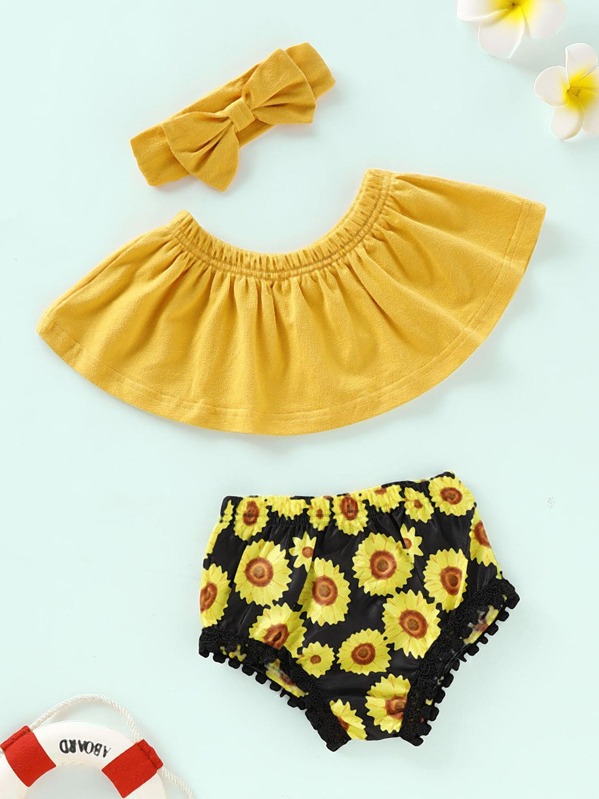 

Baby Solid Bandeau & Allover Sunflower Print Shorts & Headband, Multicolor