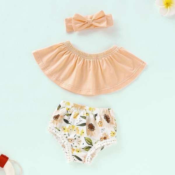 

Baby Solid Bandeau & Floral Print Shorts & Headband, Multicolor