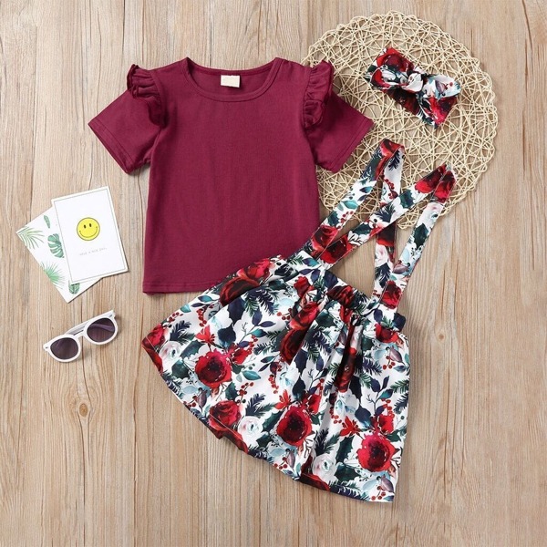 

Toddler Girls Frill Trim Tee & Floral Print Skirt & Headband