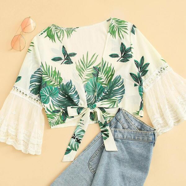 

Plants Print Contrast Lace Cuff Tie Front Blouse