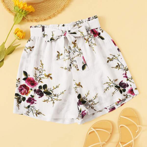 

Floral Print Belted Shorts, White