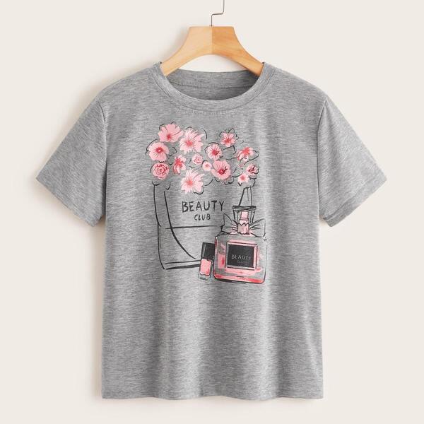 

Perfume And Floral Print Tee, Grey
