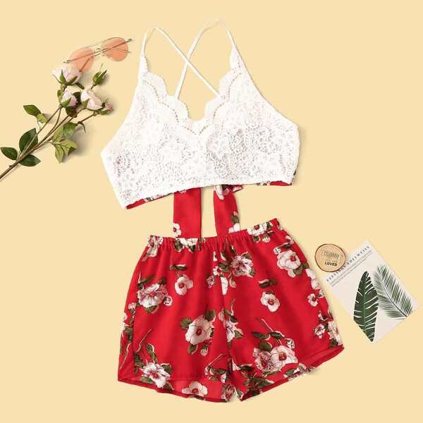 

Floral Print Lace Panel Tie Back Top With Shorts