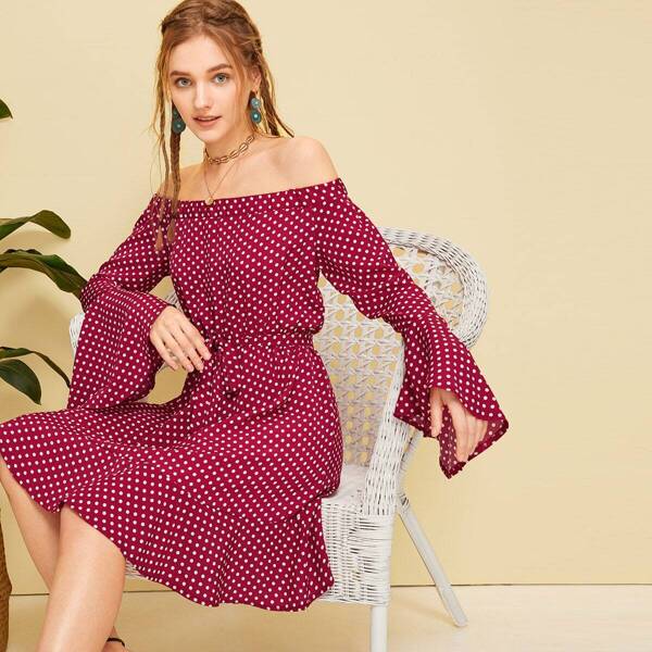

Polka Dot Print Flounce Sleeve Dress, Burgundy
