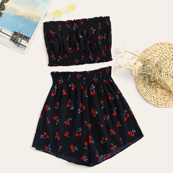 

Cherry Print Shirred Tube Top With Shorts