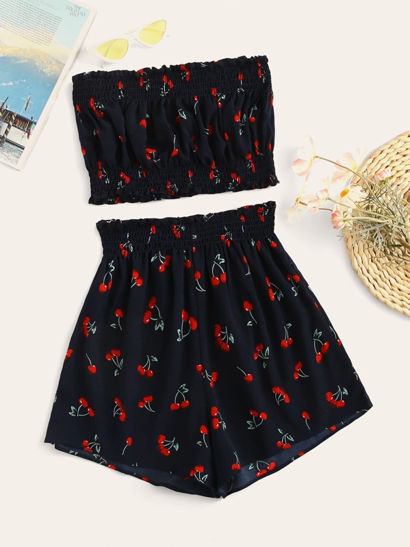 Cherry Print Shirred Tube Top With Shorts, Navy