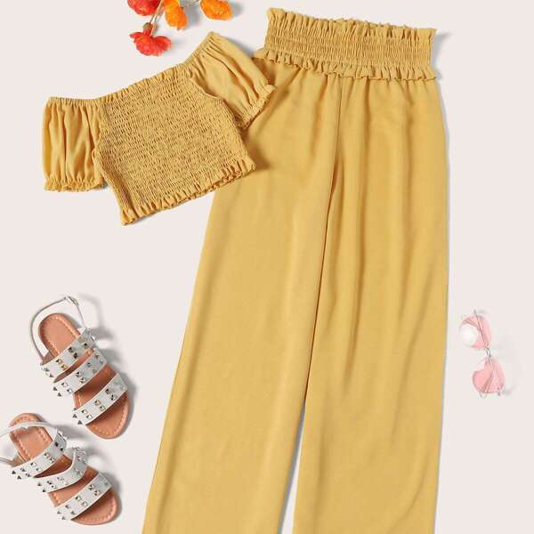 

Shirred Off The Shoulder Top With Pants, Yellow