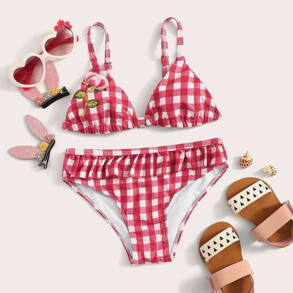 

Toddler Girls Embroidered Gingham Triangle Bikini Set