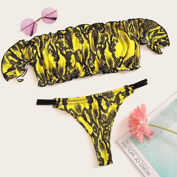 

Snakeskin Bardot Top With Tanga Bikini Set