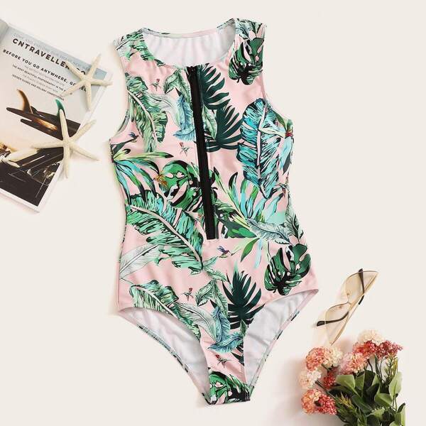 

Random Tropical Zip Front One Piece Swimsuit