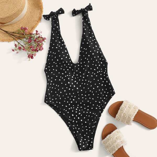 

Dot Print Tie Shoulder Plunge One Piece Swimsuit