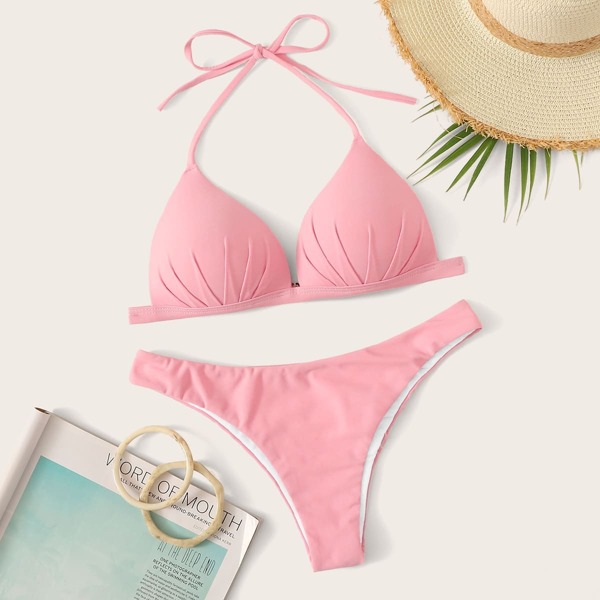 

Triangle Halter Top With High Leg Bikini Set, Pink pastel