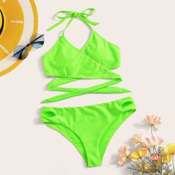 

Neon Lime Wrap Halter Top With Cut-out Bikini Set, Green bright