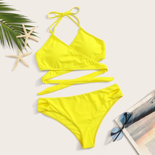 

Wrap Halter Top With Cut-out Bikini Set