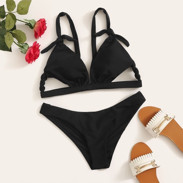 

Cut-Out Tie Back Top With High Leg Bikini Set, Black