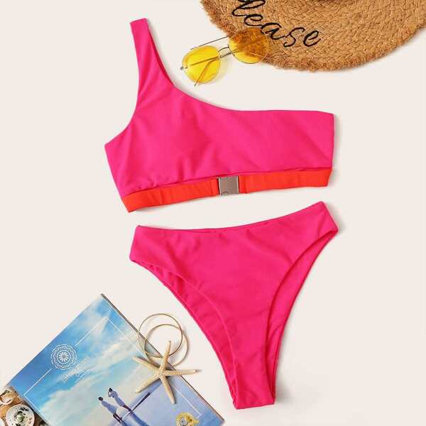 

One Shoulder Buckle Top With High Cut Bikini Set, Hot pink