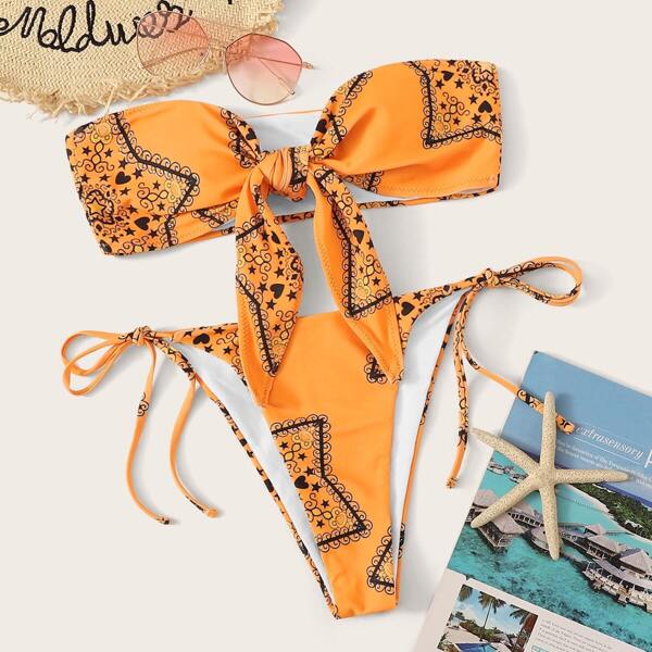 

Random Star Print Bandeau With Tanga Bikini