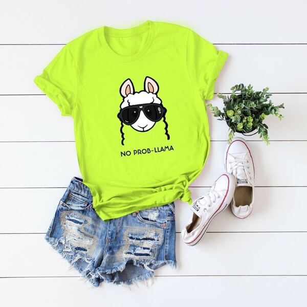 

Neon Lime Letter And Animal Print Tee