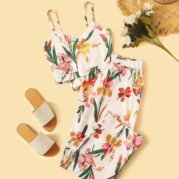 

Floral Print Cami Top With Pants, White