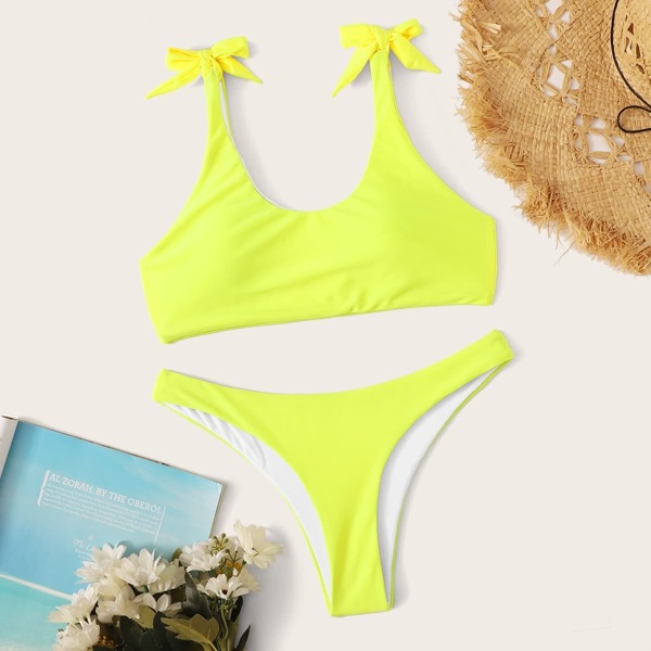 

Neon Yellow Tie Shoulder Top With Hipster Bikini Set
