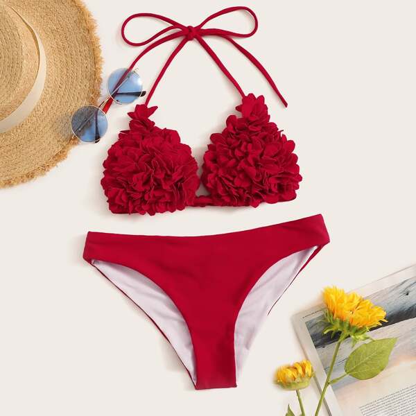 

Applique Halter Triangle Bikini Set, Burgundy
