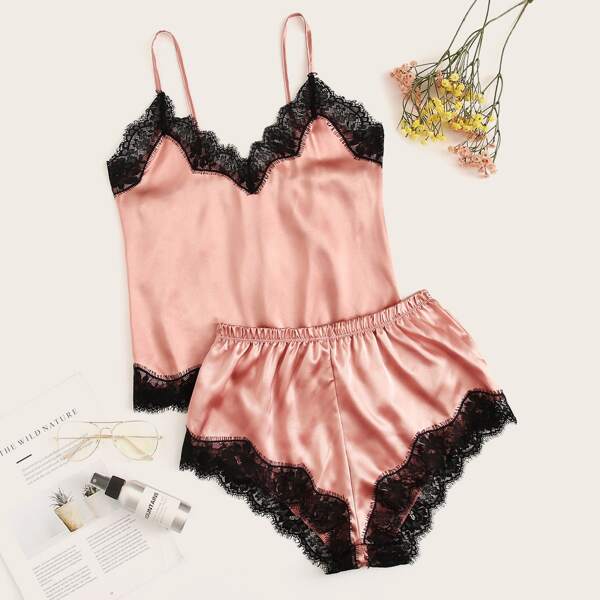 

Contrast Lace Satin Cami PJ Set