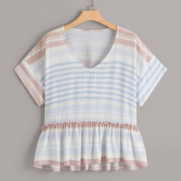 

Plus Striped Frill Ruffle Hem Blouse, Multicolor
