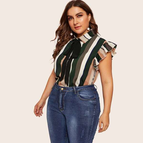 

Plus Tie Neck Striped Blouse